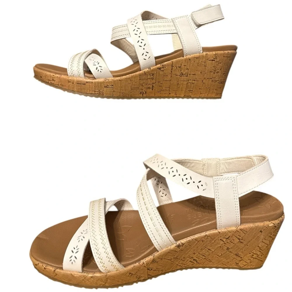 Skechers Cali White Luxe Memory Foam Comfortable Cork Wedge Sandals White 9.5–10